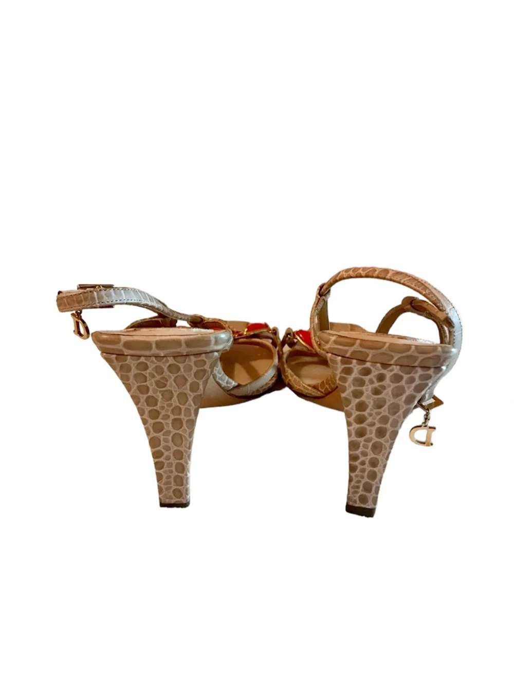 Dior Tan Croc-Embossed Slingback Heels with Red Gem Accents